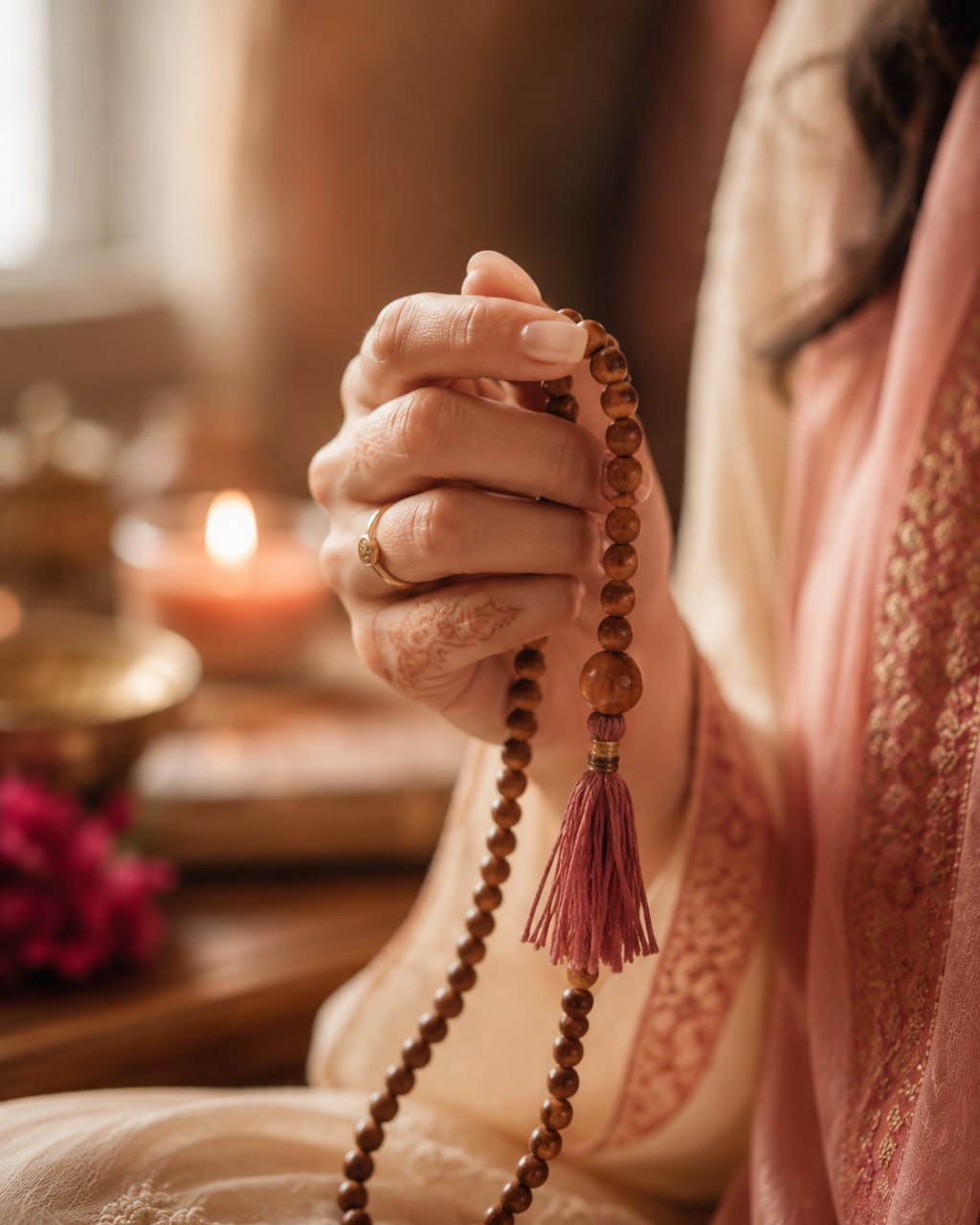A woman's hand gently holding a sandalwood mala with 108 beads